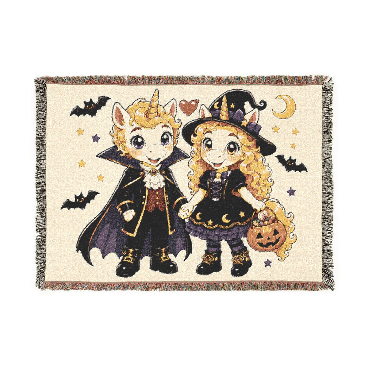 Halloween Unicorn Couple Woven Blanket, Vampire Witch Costume Throw, Gothic Fall Décor