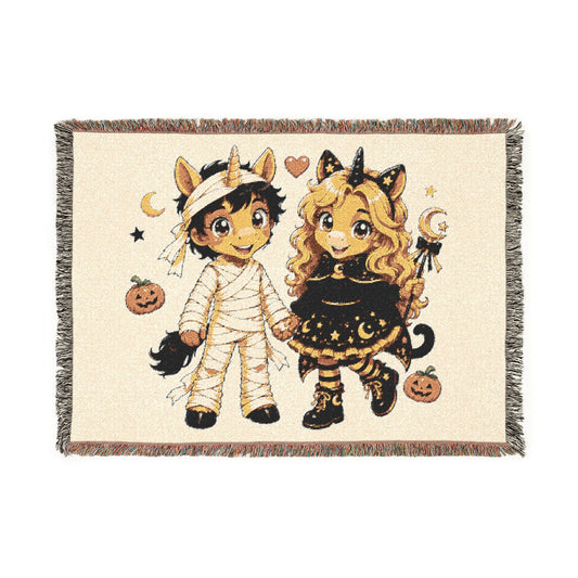 Halloween Unicorn Couple Woven Blanket, Mummy and Moon Witch Throw, Spooky Cute Fall Décor, Halloween Gift for Couples