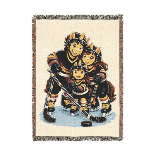 Unicorn Hockey Family Woven Blanket, Mom Dad and Daughter Hockey Gift, Black Red Gold Sports Throw, Family Team Keepsake