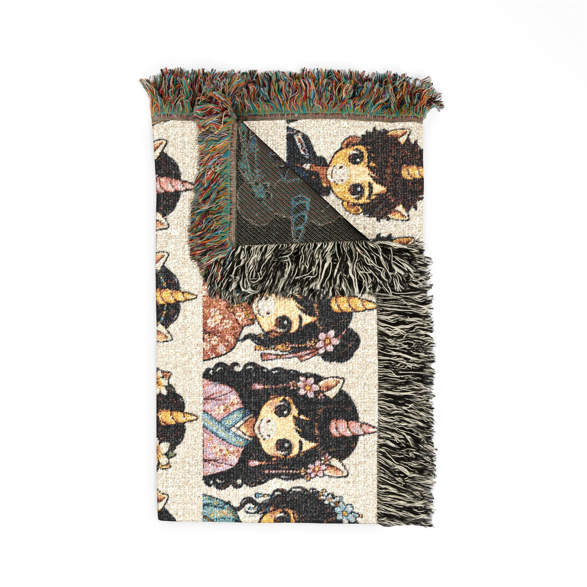 Woven Cotton Throw Blanket: world travelers East Asian Unicorn Characters, Jacquard Tapestry, USA Made