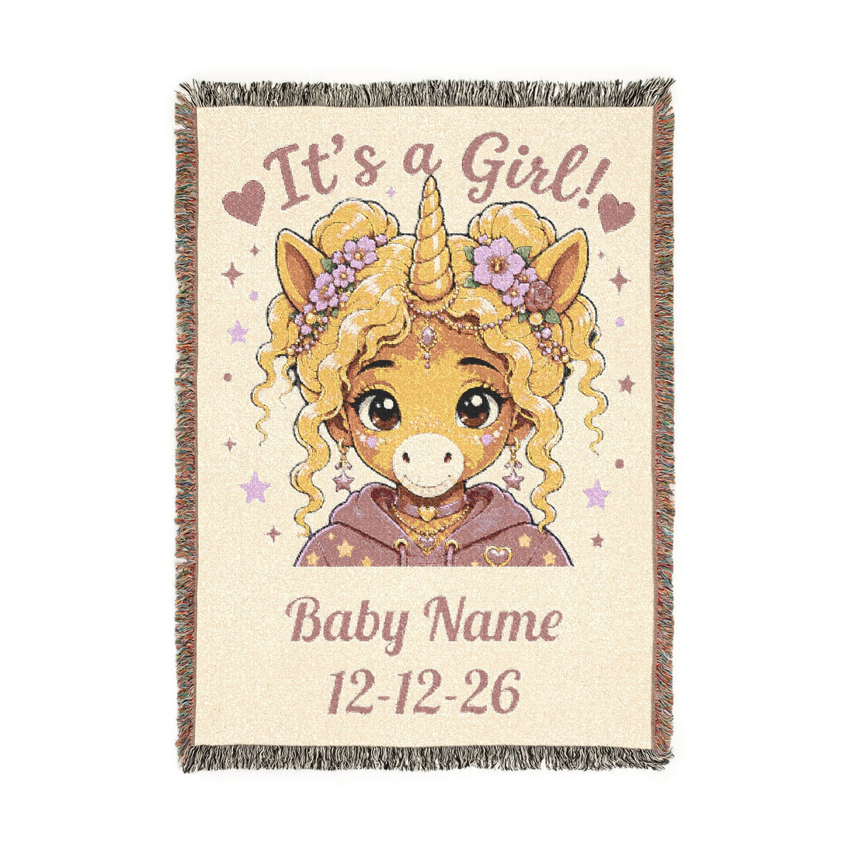 It's a Girl Personalize Name Date Unicorn Woven Cotton Throw Blanket Keepsake