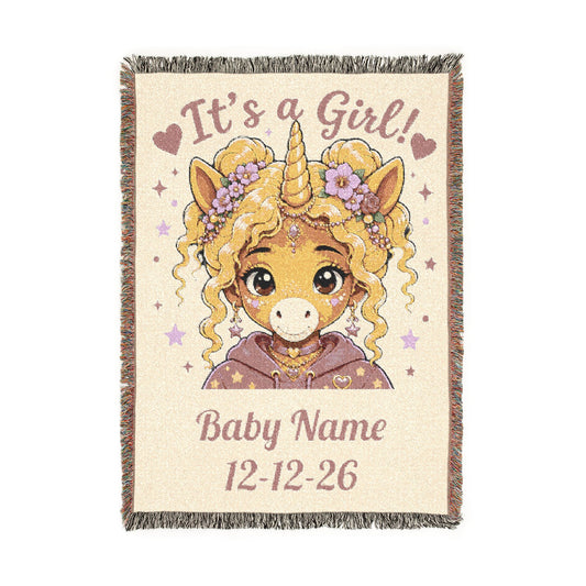 It's a Girl Personalize Name Date Unicorn Woven Cotton Throw Blanket Keepsake