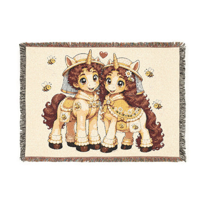 Beekeeper Unicorn Couple Cotton Throw Blanket Woven in the USA Heirloom Quality Jacquard Tapestry Personalization Sweet as Honey Forever