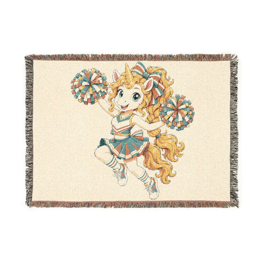 Cheerleader Unicorn Woven Blanket, Teal Coral Cheer Gift for Girls, Personalized Cheer Blanket, Cheerleading Senior Gift, Game Day Throw