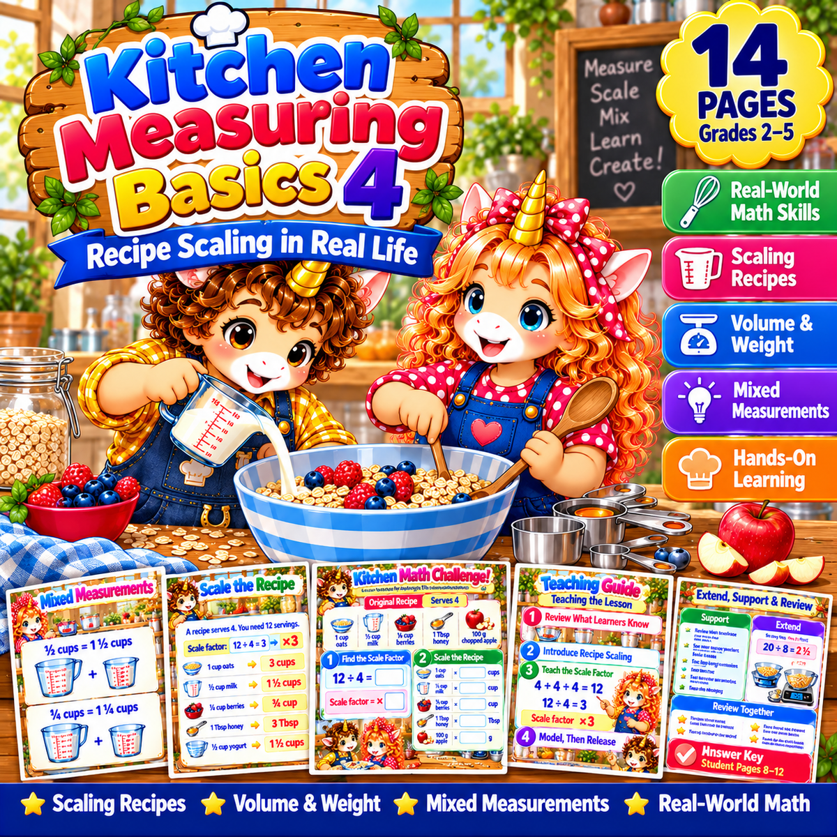 Kitchen Measuring Basics 4 | Recipe Scaling Math for Kids | Fractions, Servings, Volume & Weight | Grades 2–5 Printable PDF