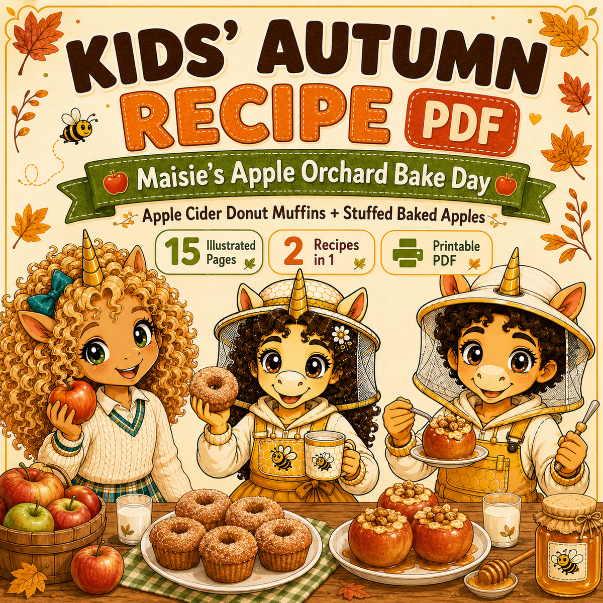 Kids Fall Baking Recipe PDF, Apple Cider Donut Muffins & Stuffed Baked Apples, 15-Page Printable Autumn Cooking Activity