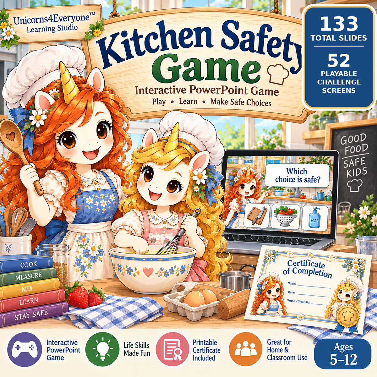 Kids Kitchen Safety Bundle | Food Safety PDF + Interactive PowerPoint Game | Homeschool Classroom Life Skills | Ages 5–12